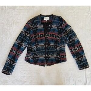 Pale Sky Southwestern‎ Geometric Zip Front Jacket Faux Leather Trim Blue Red L